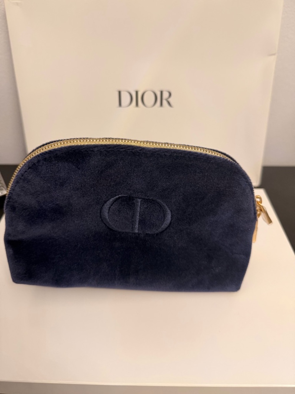 Dior Navy Suede Cosmetic Pouch with Gold Zipper